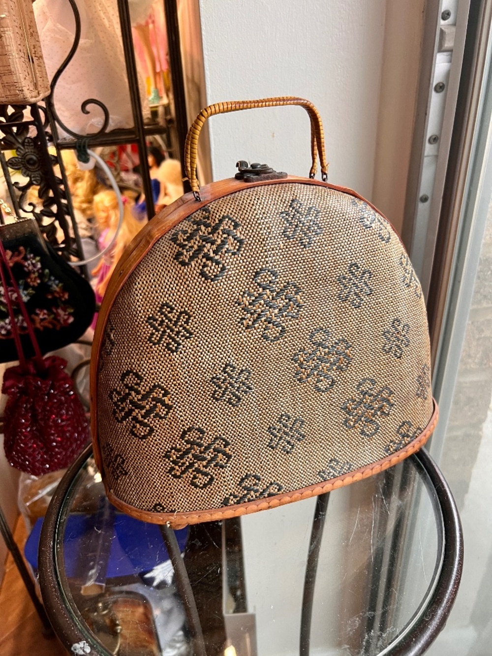 Collectible Bamboo Wood Wicker Handbag Purse Brass Latch Hinges w/asian pattern